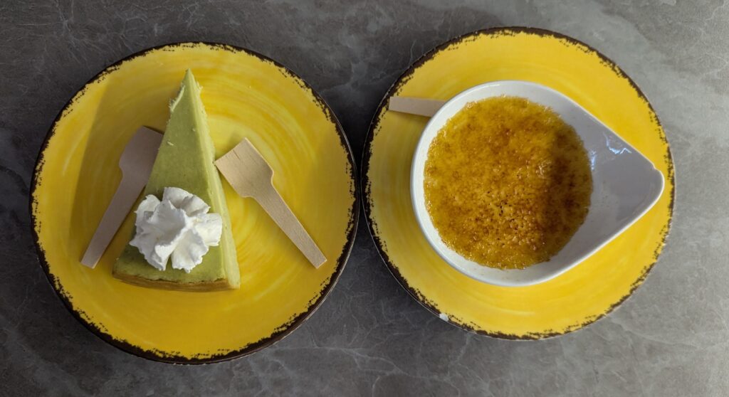 A picture of green tea cheese cake and creme brulee.